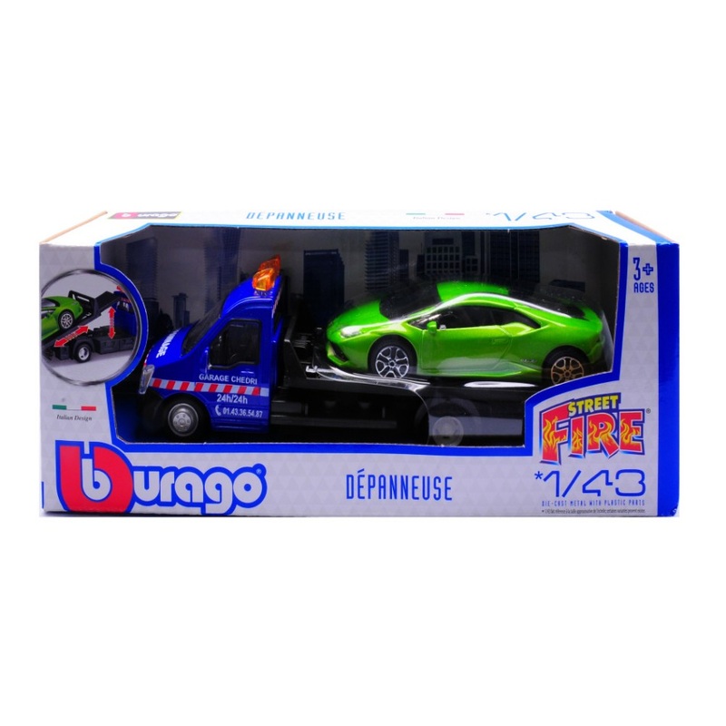 MODELLINO SCALA COMPATIBILE CON LAMBORGHINI HURACAN + FLATBED TRANSPORTER 1:43 BURAGO BU31400-04