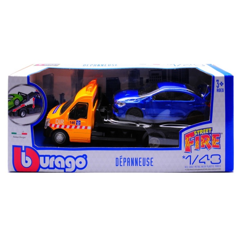 MODELLINO SCALA COMPATIBILE CON SUBARU IMPREZA + FLATBED TRANSPORTER 1:43 BURAGO BU31400-03
