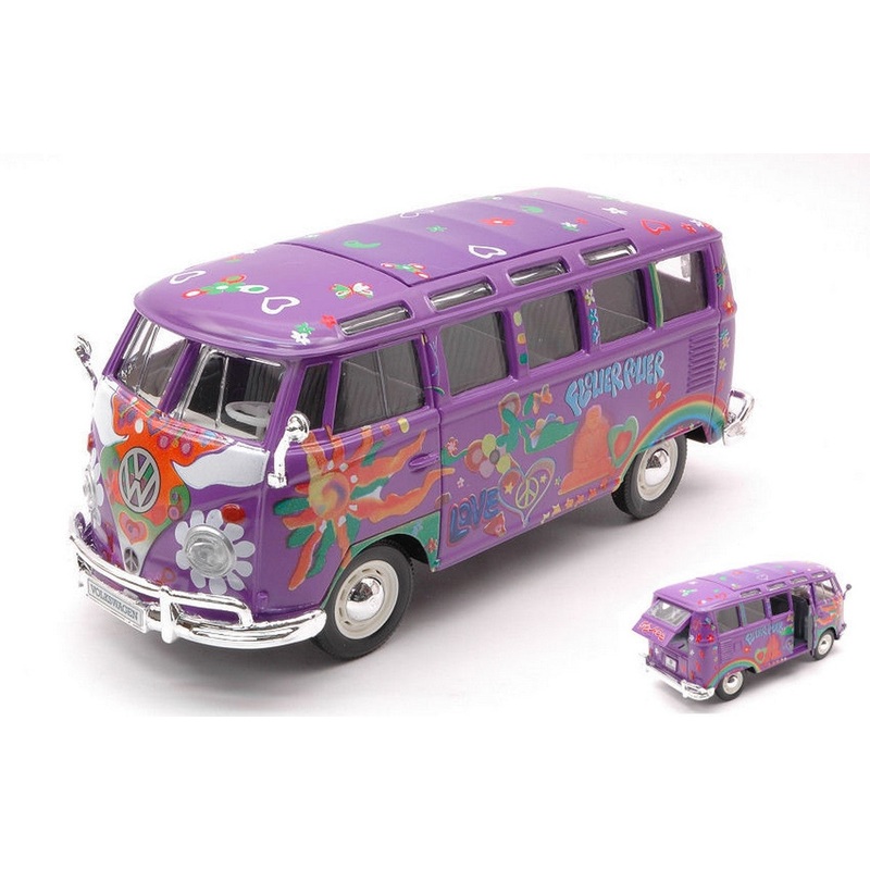 SCALE MODEL COMPATIBLE WITH VW VAN SAMBA FLOWER POWER HIPPIE LINE VIOLET 1:25 MAISTO MI32301G