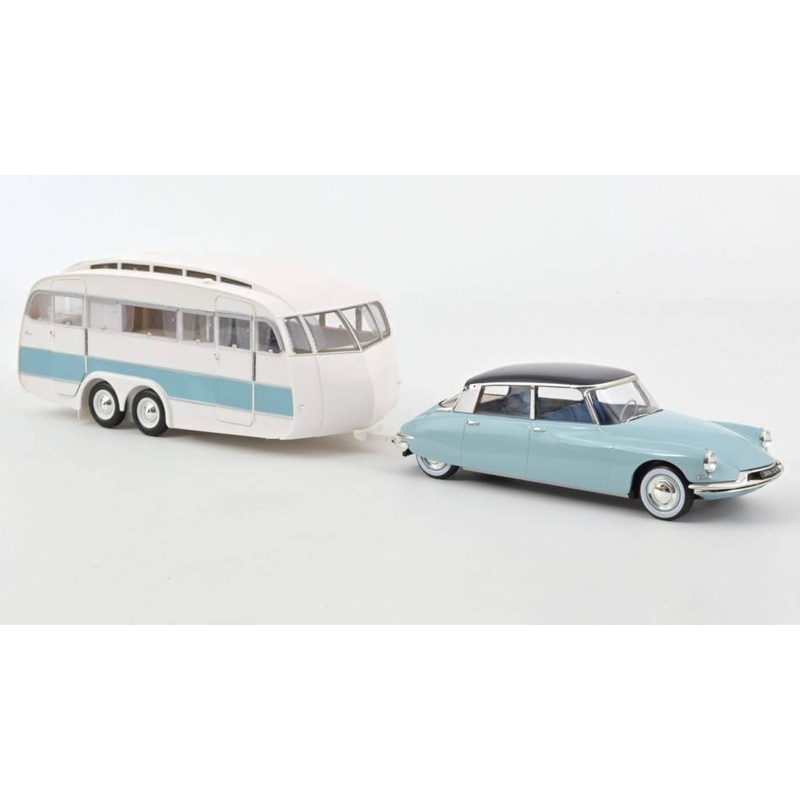 SCALE MODEL COMPATIBLE WITH CITROEN DS 19 1959 BLEU NUAGE & CARAVAN HANON 1:18 NOREV NV181760