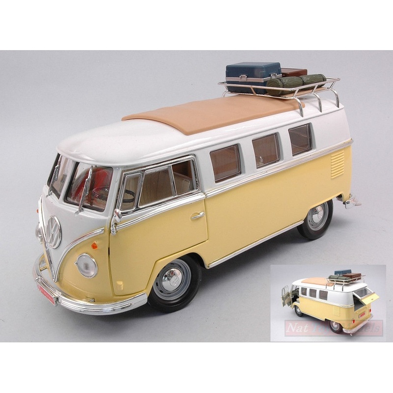 SCALE MODEL COMPATIBLE WITH VW T1 BUS 1962 CAMPING VERSION YELLOW/WHITE 1:18 LUCKY DIE CAST LDC92328AY