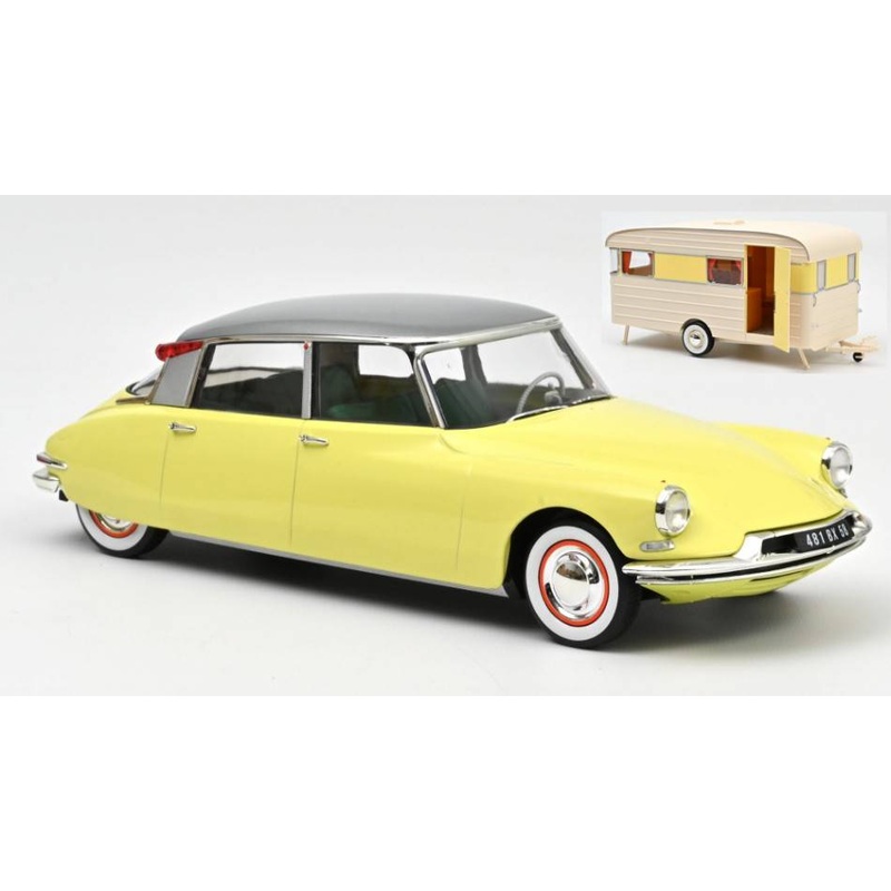 SCALE MODEL COMPATIBLE WITH CITROEN DS 19 1960 YELLOW & CARAVAN DIGUE PANORAMIC 1:18 NOREV NV181762