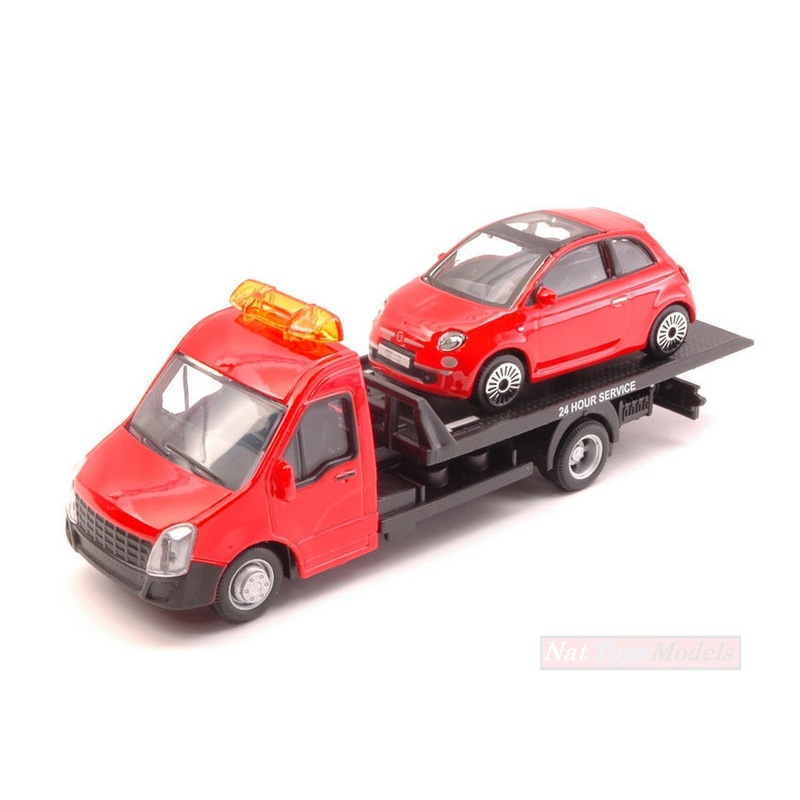 SCALE MODEL COMPATIBLE WITH FIAT 500 2007 + FLATBED TRANSPORTER 1:43 BURAGO BU31402