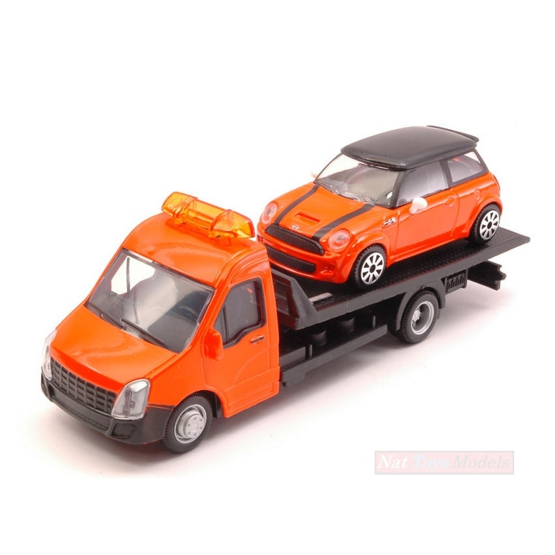 SCALE MODEL COMPATIBLE WITH MINI COOPER + FLATBED TRANSPORTER 1:43 BURAGO BU31405