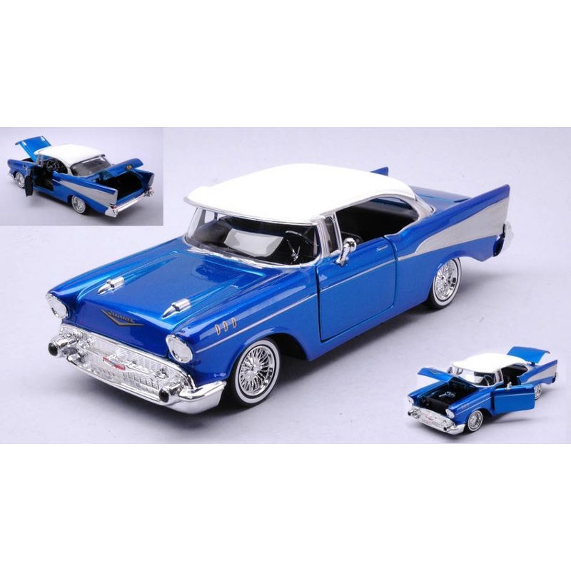 SCALE MODEL COMPATIBLE WITH CHEVROLET BEL AIR "GET LOW" SERIES W/VISOR 1957 CANDY BLUE/WHITE 1:24 MOTORMAX MTM79030B