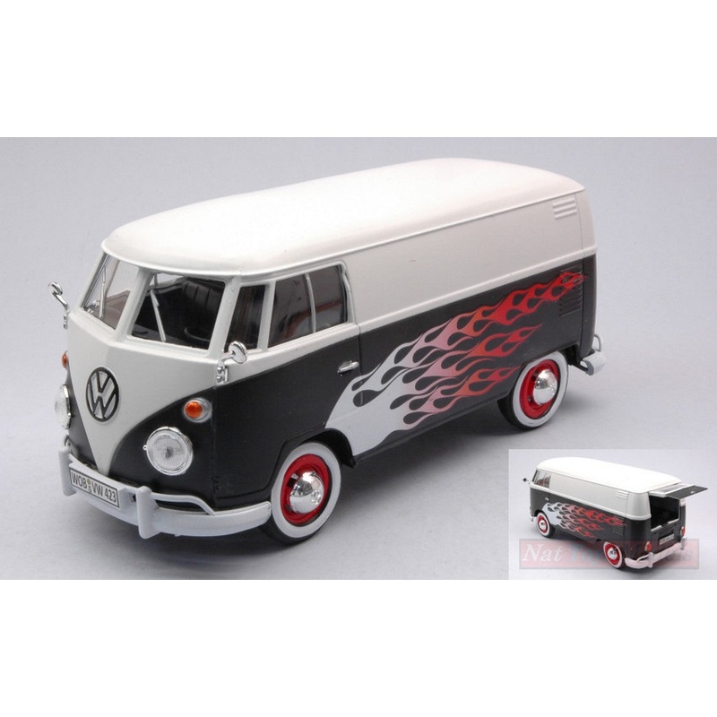 SCALE MODEL COMPATIBLE WITH VW TYPE 2 (T1) DELIVERY VAN WHITE/BLACK W/FLAMES 1:24 MOTORMAX MTM79566