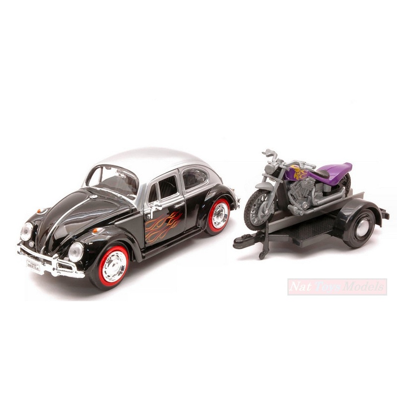 SCALE MODEL COMPATIBLE WITH VW BEETLE W/TRAILER & MOTORCYCLE 1:24 MOTORMAX MTM79675