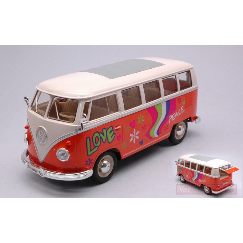 SCALE MODEL COMPATIBLE WITH VW T1 BUS ORANGE/WHITE FLOWER POWER 1:24 WELLY WE22095A1