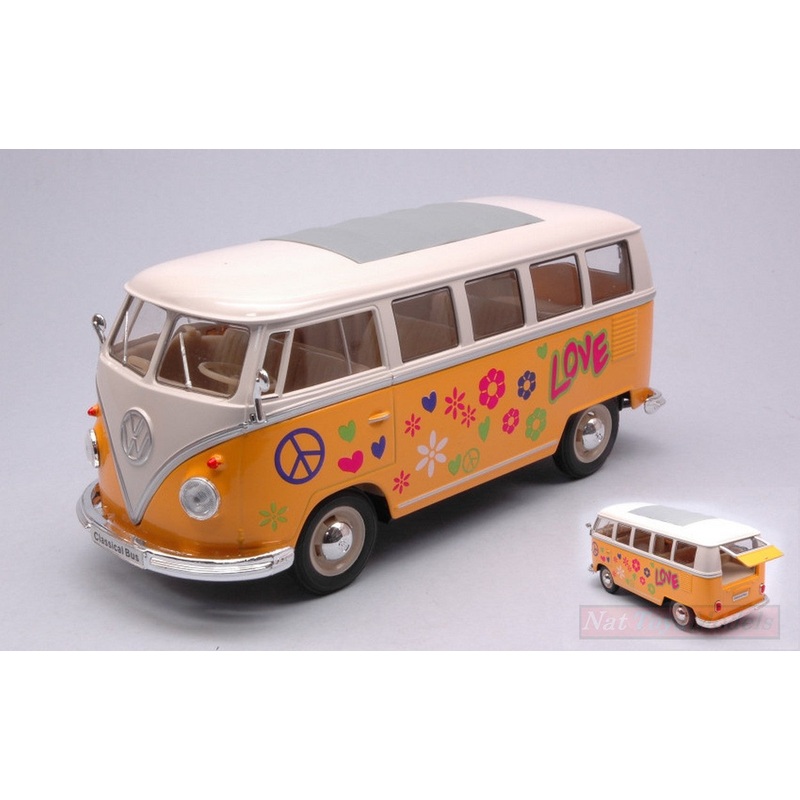 SCALE MODEL COMPATIBLE WITH VW T1 BUS YELLOW/WHITE FLOWER POWER 1:24 WELLY WE22095A3