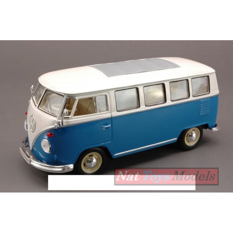SCALE MODEL COMPATIBLE WITH VW BUS T1 1962 BLUE W/WHITE ROOF 1:24 WELLY WE1210
