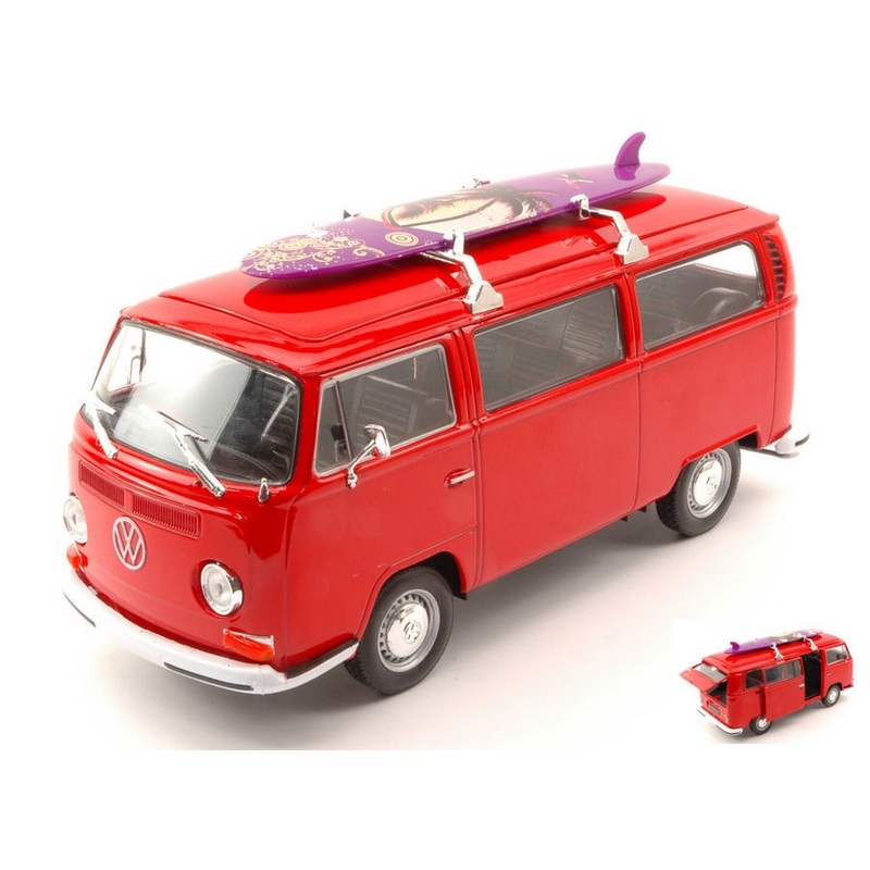 SCALE MODEL COMPATIBLE WITH VW T2 BUS W/SURFBOARD 1972 RED 1:24 WELLY WE4722R